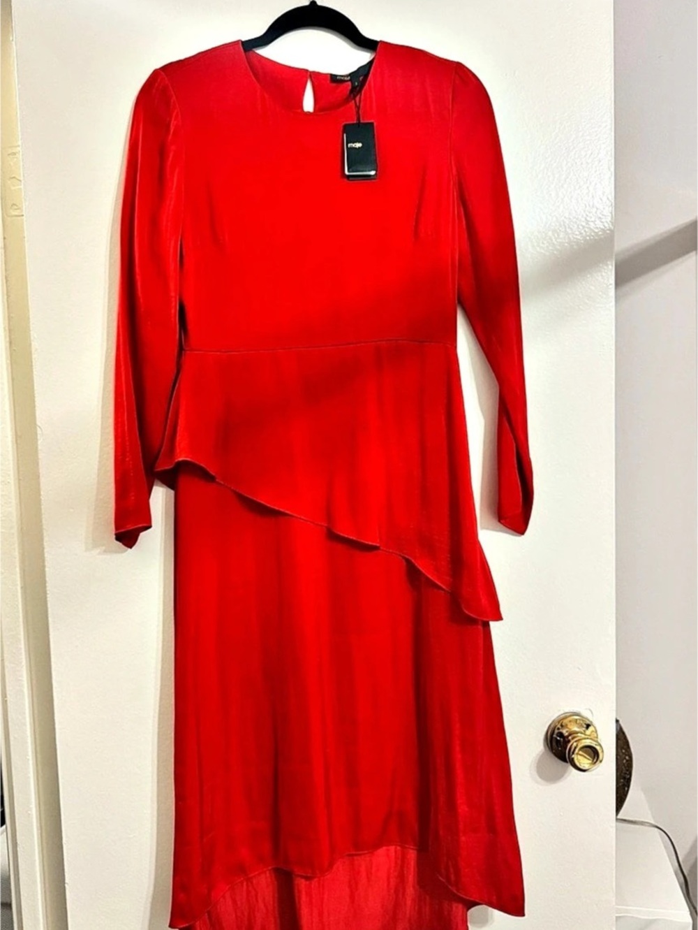 Maje Remania Ruffled Satin-Crepe Midi Dress Red Medium